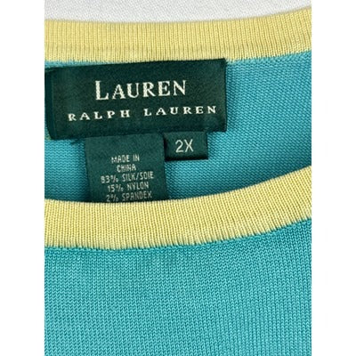 Lauren Ralph Lauren Womens Sleeveless Top 2X Silk Blend Teal & Yellow Trim