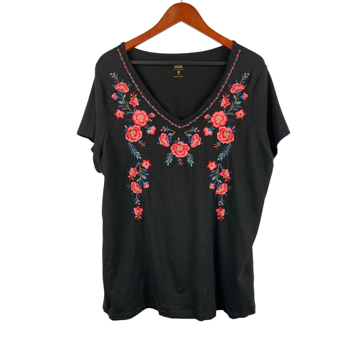 Belle By Kim Gravel Floral Embroidered V-Neck Black Top 1X