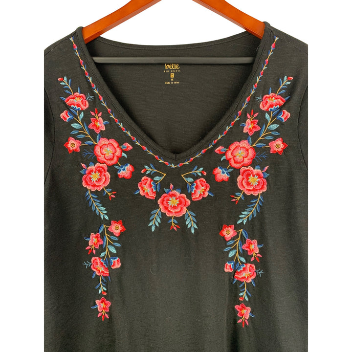 Belle By Kim Gravel Floral Embroidered V-Neck Black Top 1X