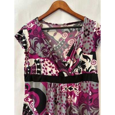 M Fasis Cap Sleeve v neck dress purple and black Sz XL