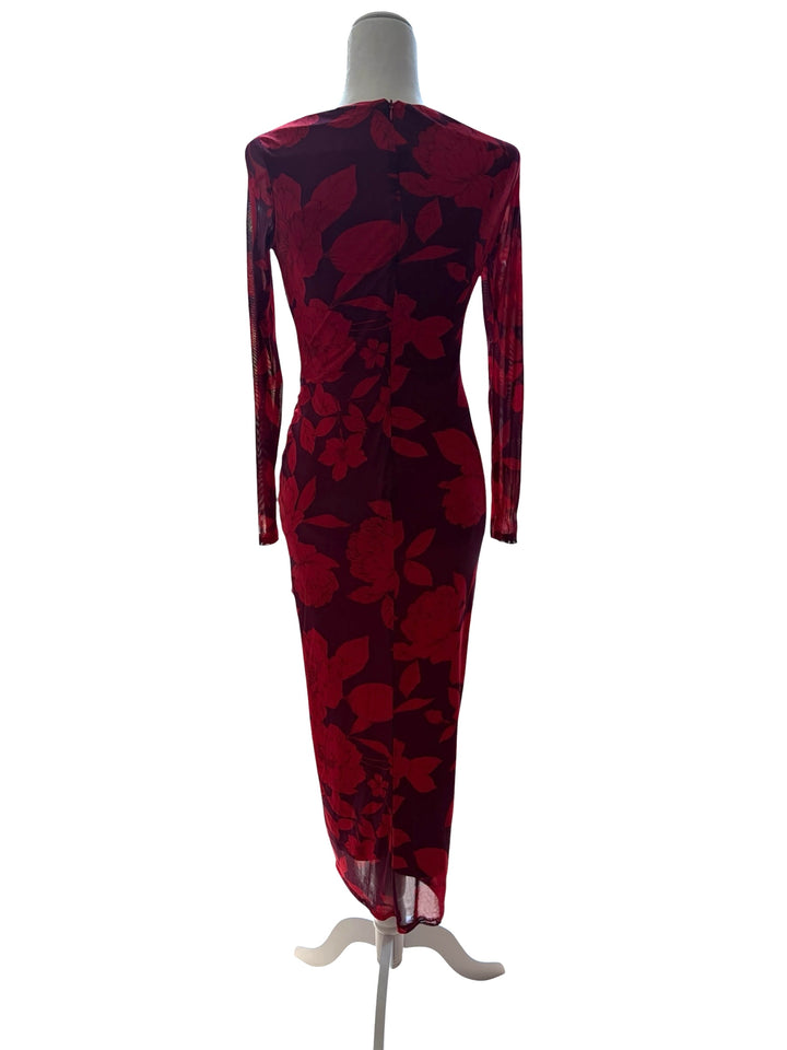 Taylor Women’s Purple/Red Long Sleeve Ruched Maxi Foral Dress, Size 4