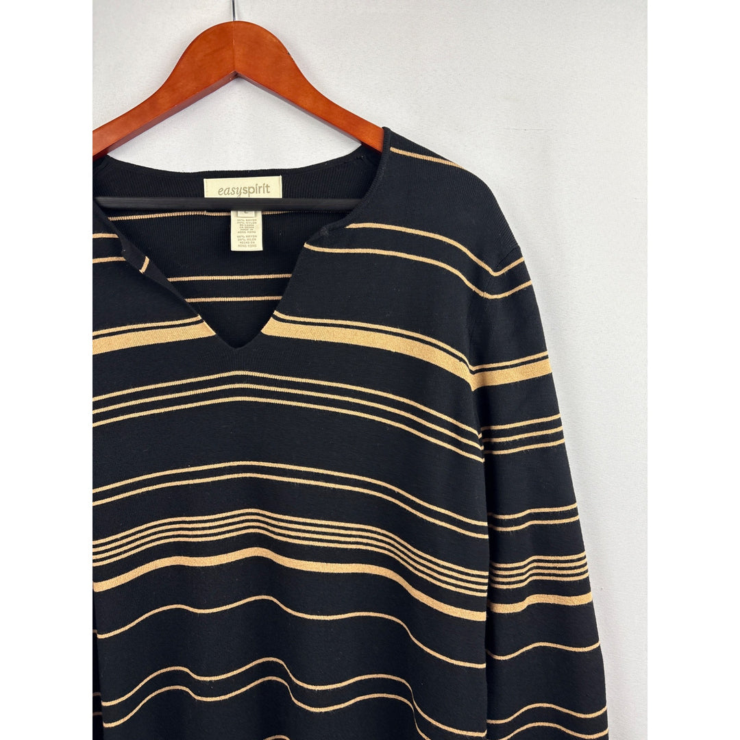 Women’s Easy Spirit Size Large Black & Sand Striped Long Sleeve Blouse