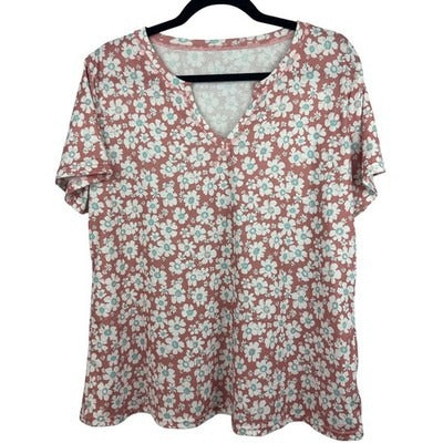 Women’s Lumion White & Blue Floral Designed Pink V-Cut T-Shirt Sz XL