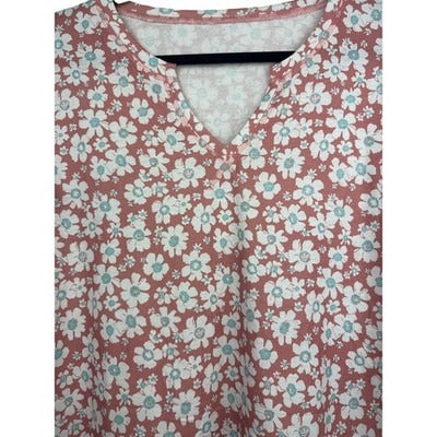 Women’s Lumion White & Blue Floral Designed Pink V-Cut T-Shirt Sz XL
