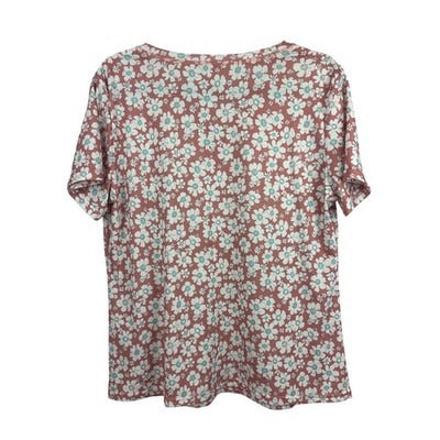Women’s Lumion White & Blue Floral Designed Pink V-Cut T-Shirt Sz XL