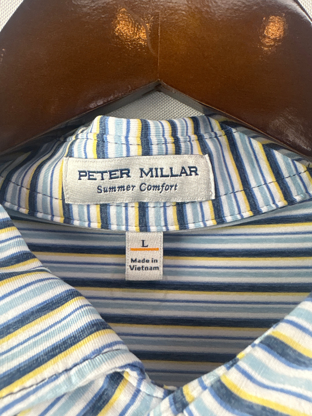 Men’s Peter Millar Large Blue, White, &amp; Yellow Striped Polo