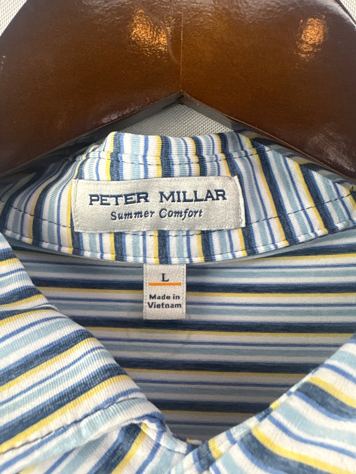 Men’s Peter Millar Large Blue, White, &amp; Yellow Striped Polo
