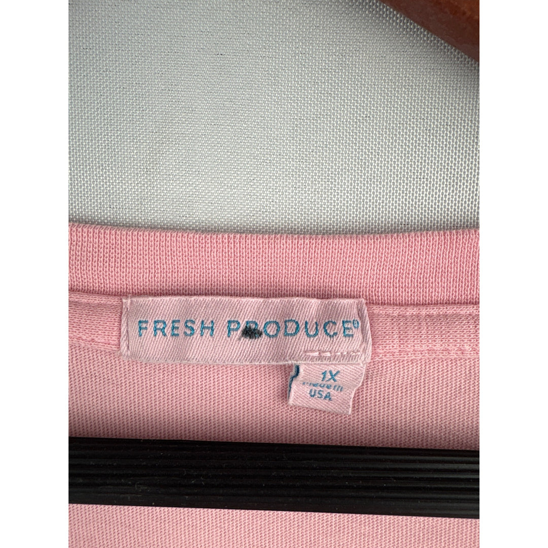 Fresh Produce Womens Pink V-Neck Short Sleeve T-Shirt 1X 100% Cotton Made In USA