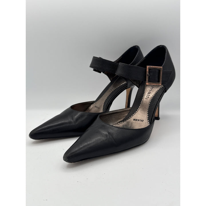 Amalfi Black Leather Stiletto Heels With Ankle Strap Size 7 Made In Italy Professional Dress Shoes