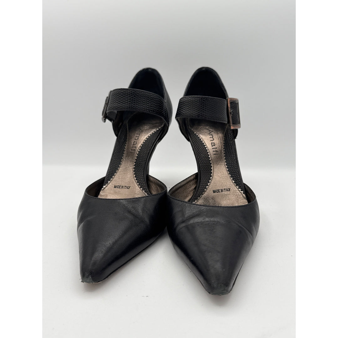 Amalfi Black Leather Stiletto Heels With Ankle Strap Size 7 Made In Italy Professional Dress Shoes