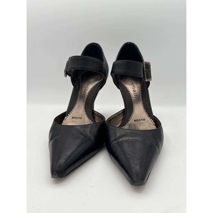 Amalfi Black Leather Stiletto Heels With Ankle Strap Size 7 Made In Italy Professional Dress Shoes