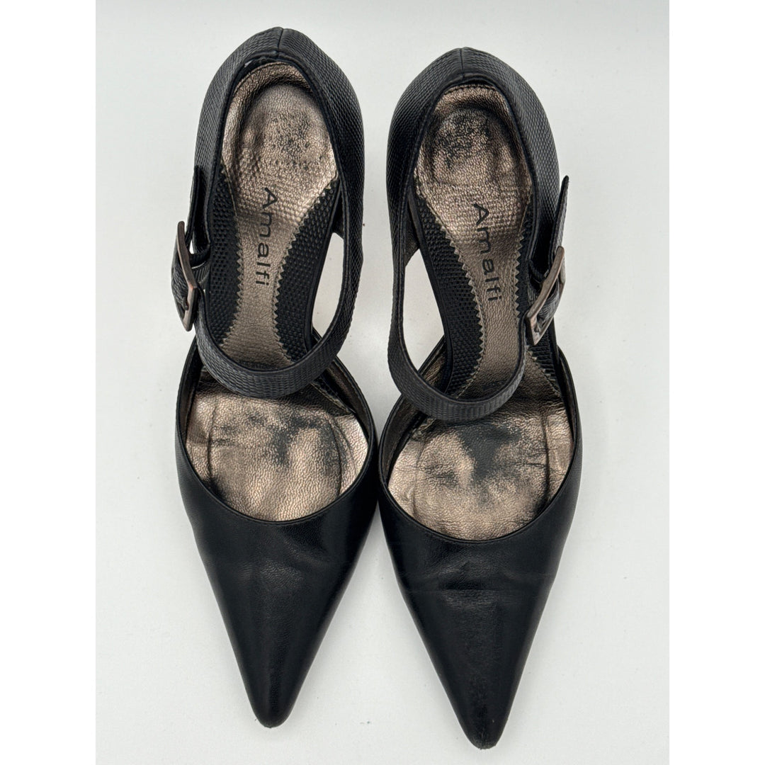 Amalfi Black Leather Stiletto Heels With Ankle Strap Size 7 Made In Italy Professional Dress Shoes