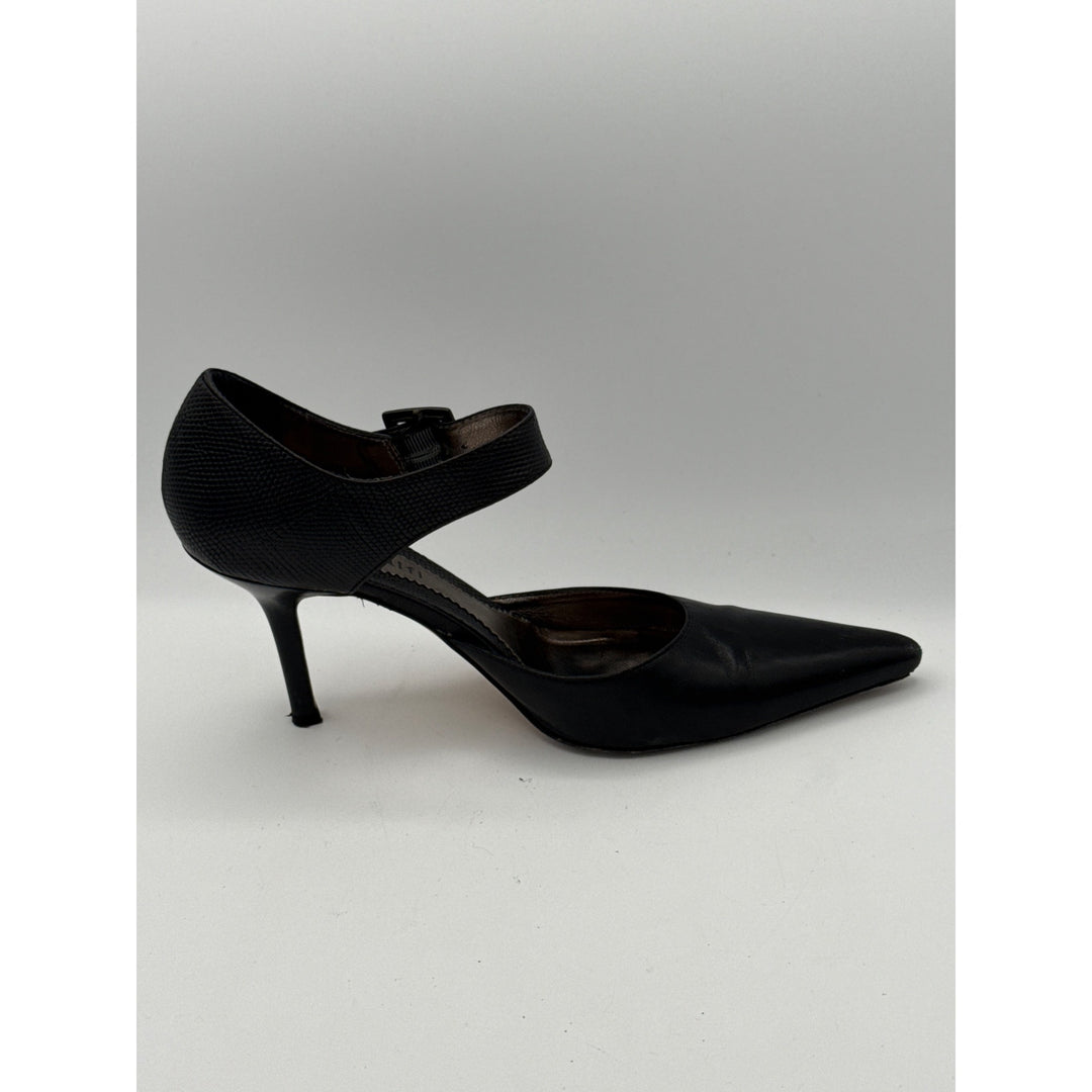 Amalfi Black Leather Stiletto Heels With Ankle Strap Size 7 Made In Italy Professional Dress Shoes