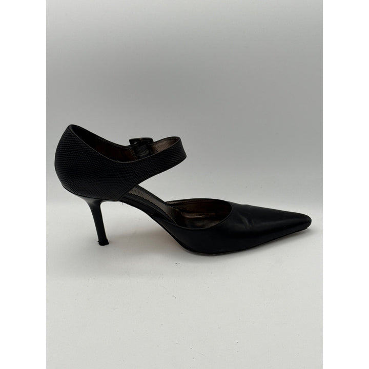 Amalfi Black Leather Stiletto Heels With Ankle Strap Size 7 Made In Italy Professional Dress Shoes