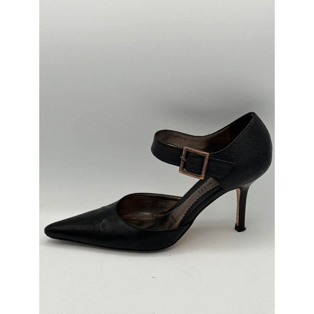 Amalfi Black Leather Stiletto Heels With Ankle Strap Size 7 Made In Italy Professional Dress Shoes