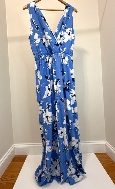 Mia &amp; Tess V‑Neck Floral Maxi Dress – Blue &amp; White SzXL