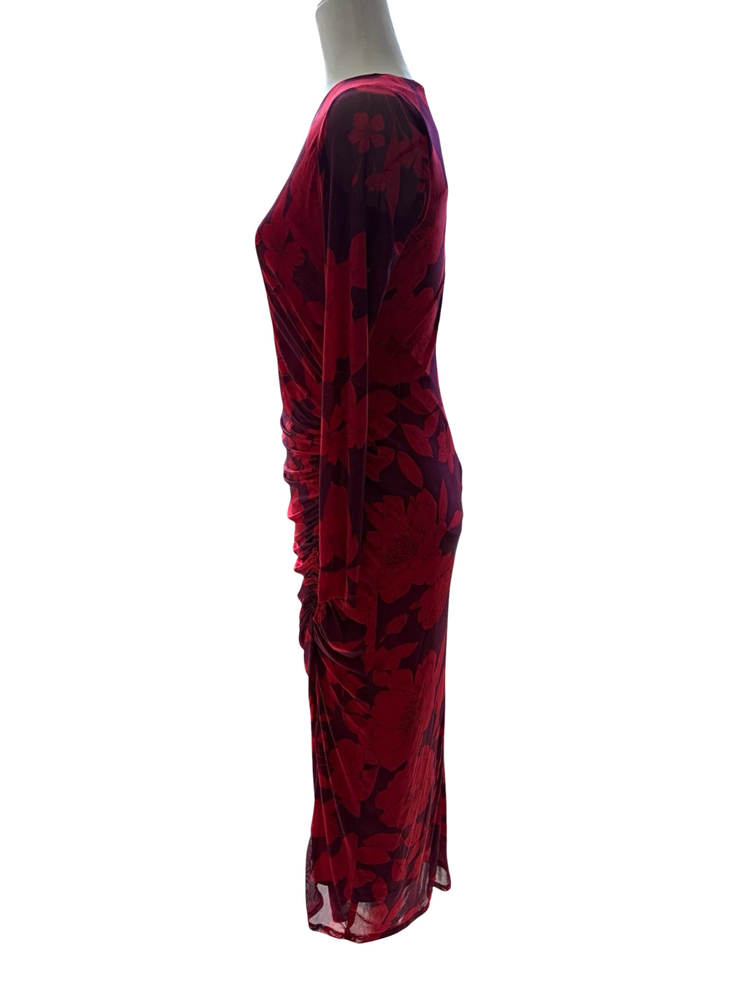 Taylor Women’s Purple/Red Long Sleeve Ruched Maxi Foral Dress, Size 4