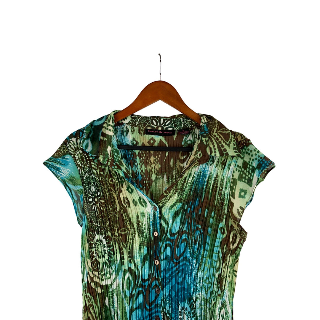 Hayley Matthews XL Womens Boho Top Green & Blue Tribal Print Button-Down
