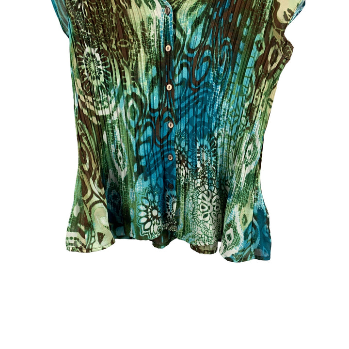 Hayley Matthews XL Womens Boho Top Green & Blue Tribal Print Button-Down