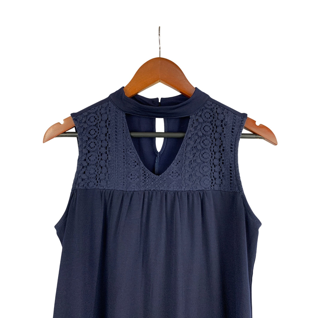 Cocomo Petite Womens Sleeveless Navy Top With Lace Detail & Back Button Closure