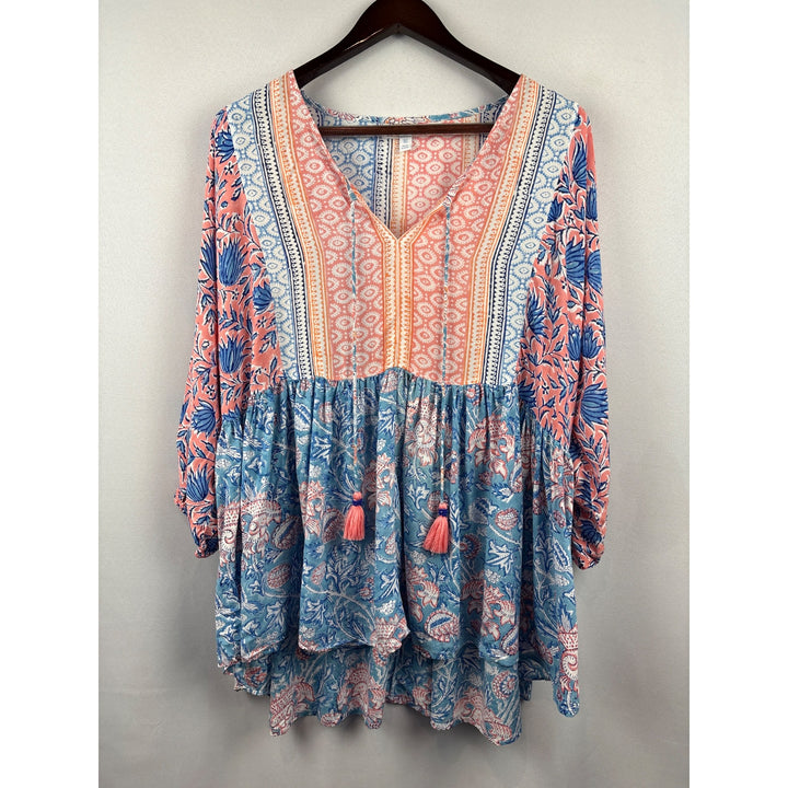 Women’s Sea Bird Size 16 Blue, Orange, & White Floral Blouse