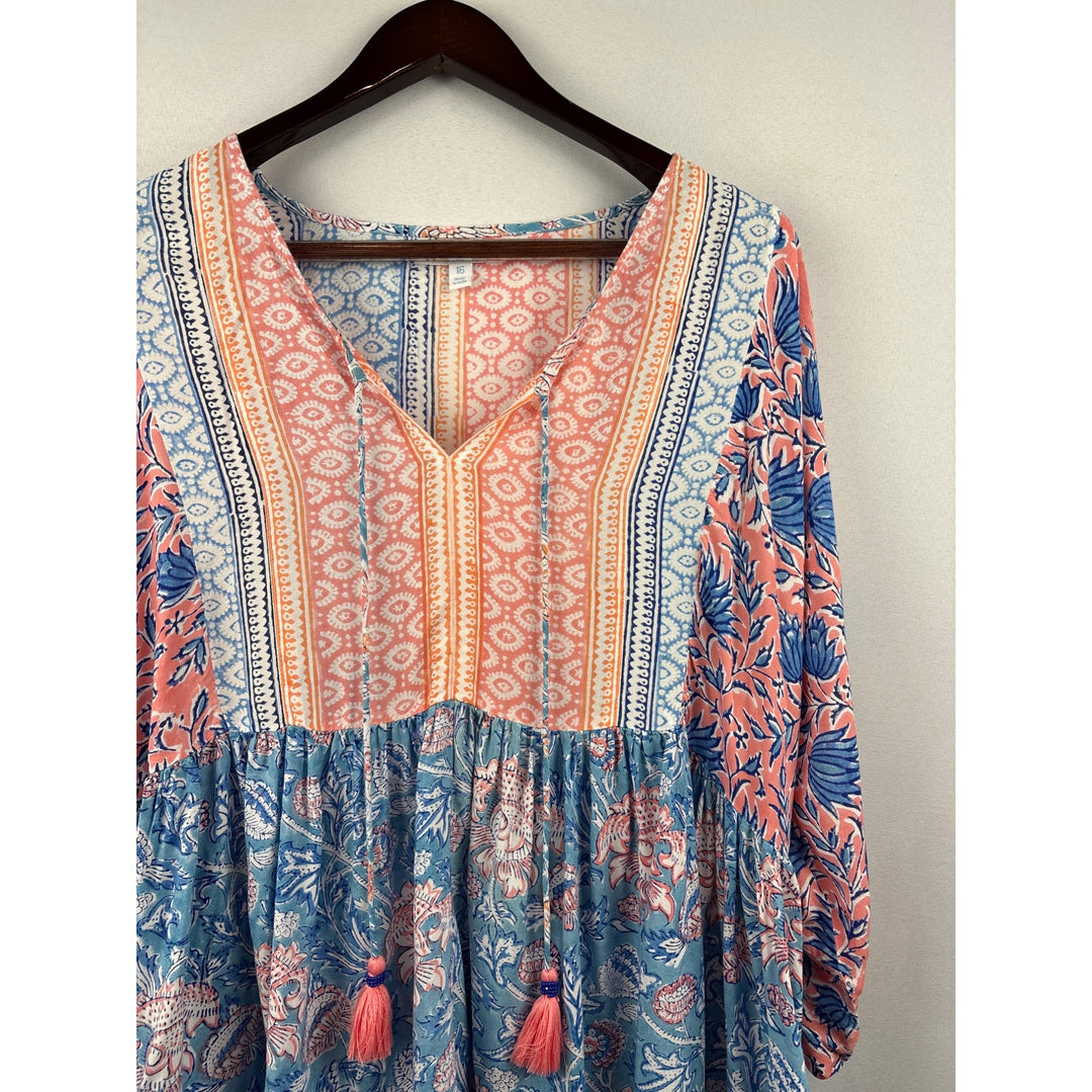 Women’s Sea Bird Size 16 Blue, Orange, & White Floral Blouse