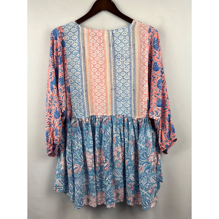 Women’s Sea Bird Size 16 Blue, Orange, & White Floral Blouse