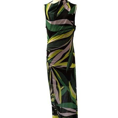 Donna Morgan Sleeveless Maxi Dress Size 16 Black Green Pink Leaf Print