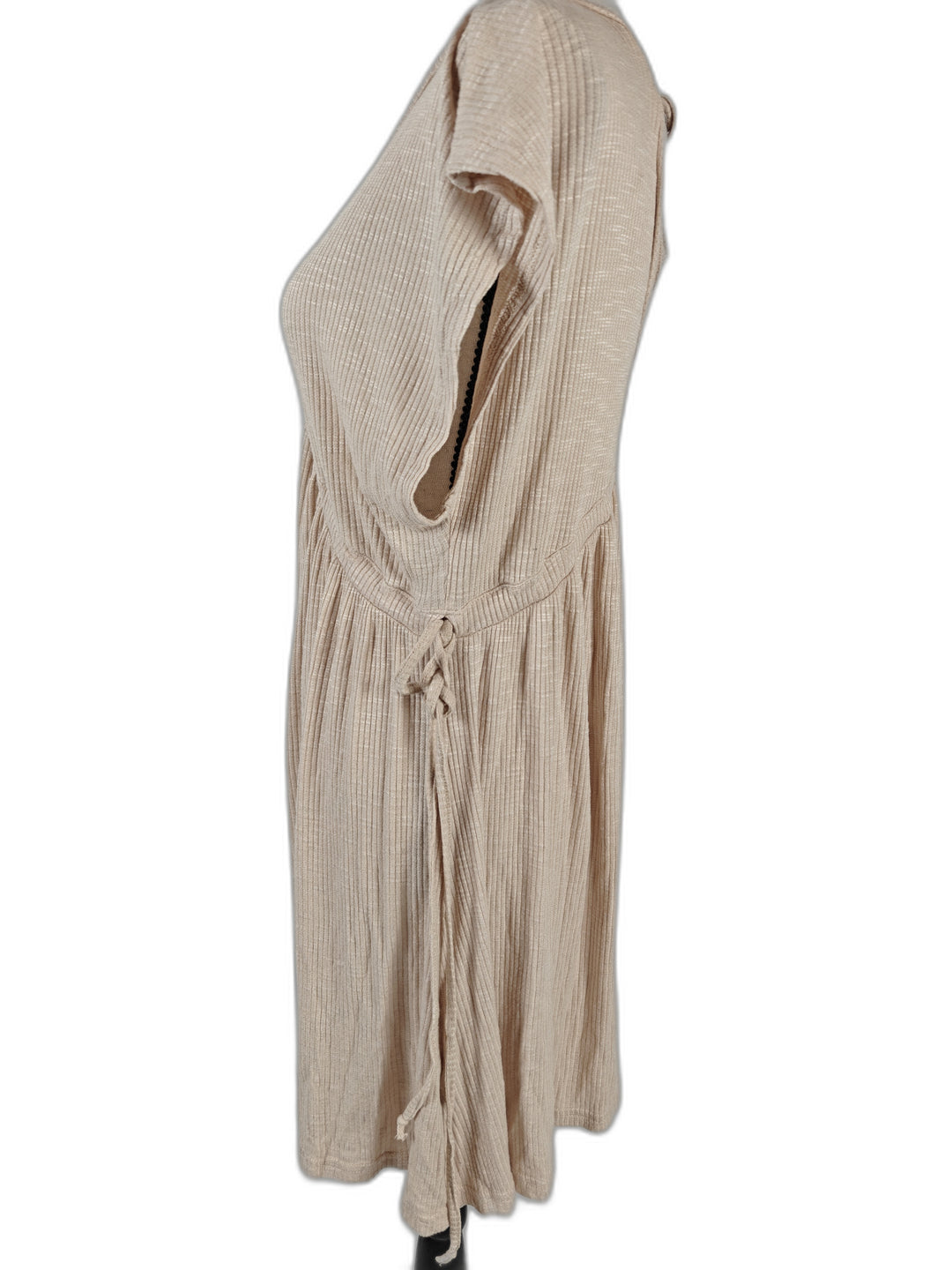 Women’s Pull&amp;Bear Babydoll Dress Beige Ribbed Tie Waist Size L