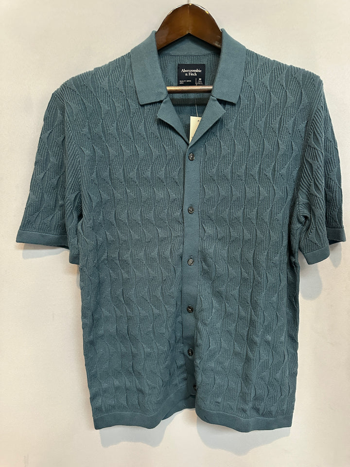 Men’s Abercrombie & Fitch Teal Cable-Knit Short-Sleeve Polo Size M