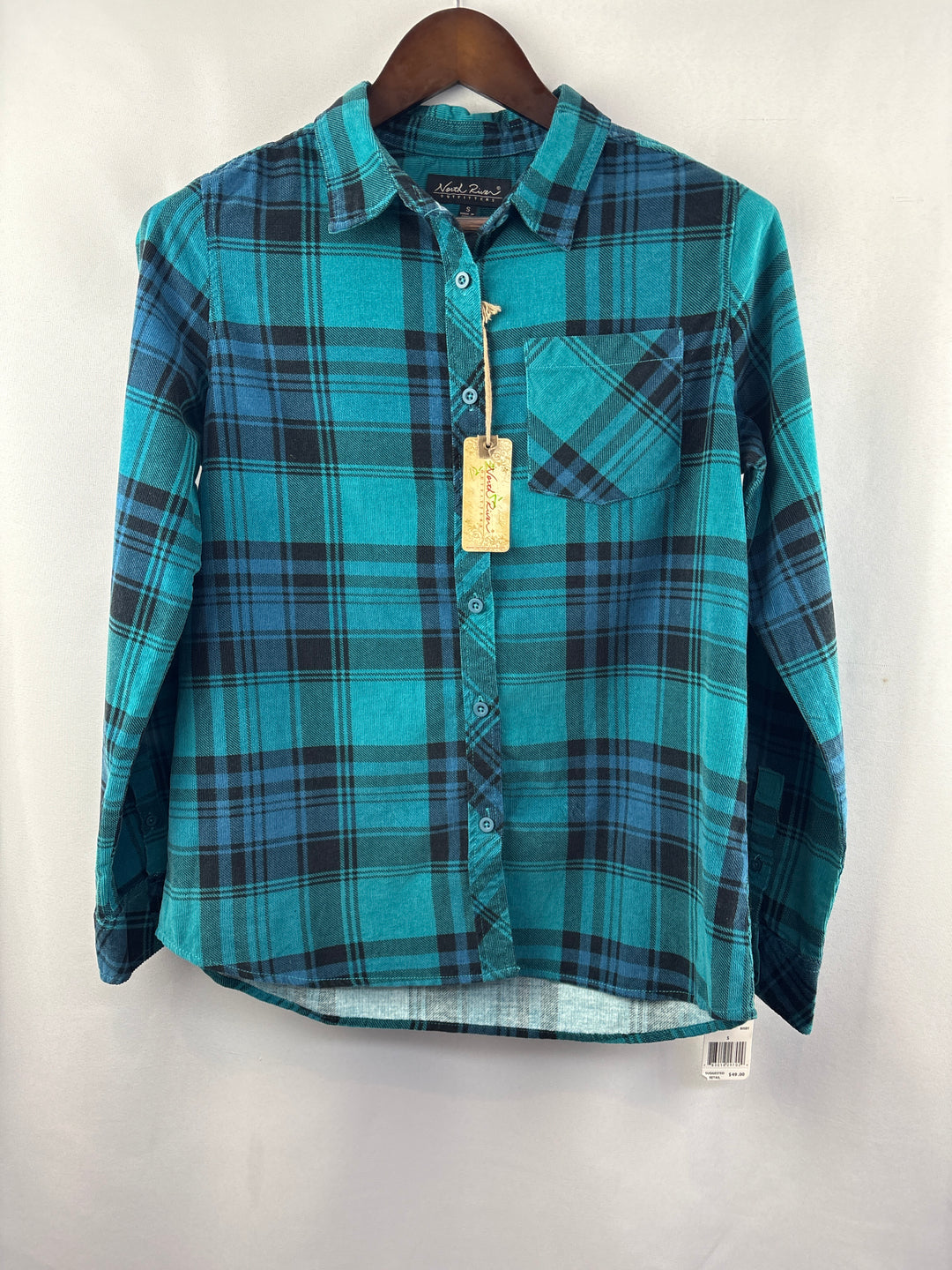 Women’s North River Small Teal &amp; Black Plaid Flannel Button Up