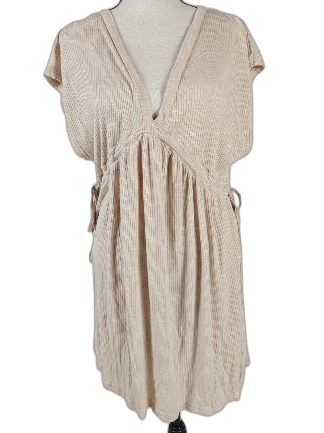Women’s Pull&amp;Bear Babydoll Dress Beige Ribbed Tie Waist Size L