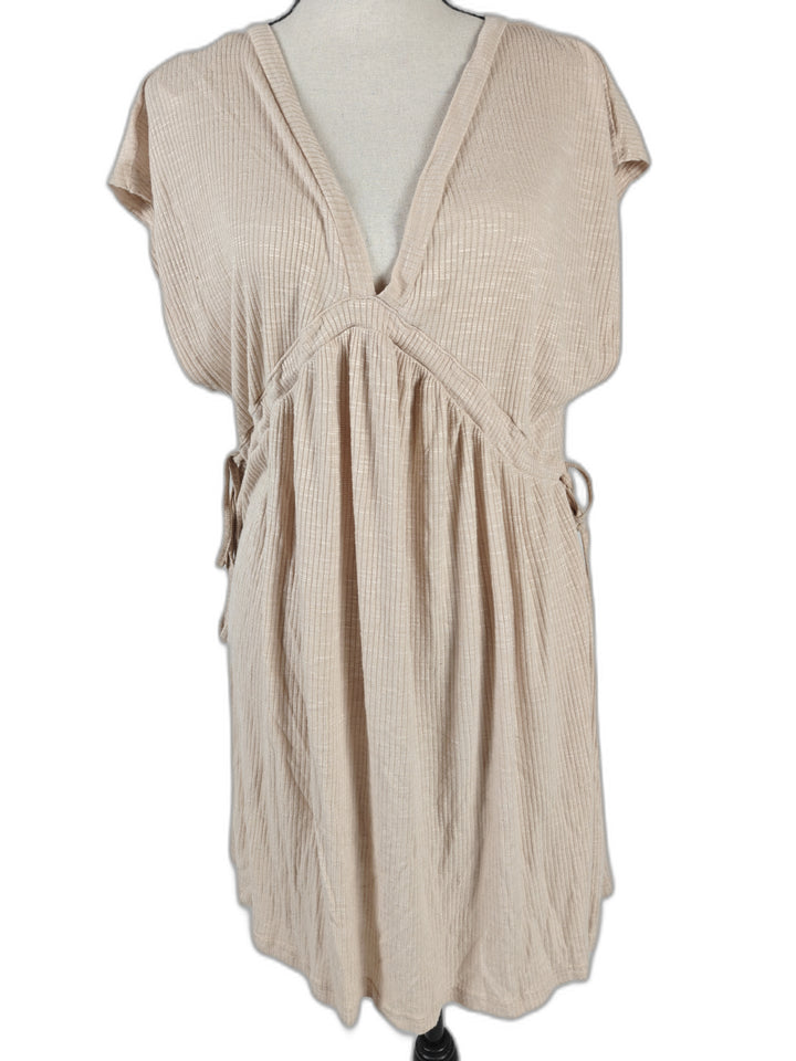 Women’s Pull&amp;Bear Babydoll Dress Beige Ribbed Tie Waist Size L
