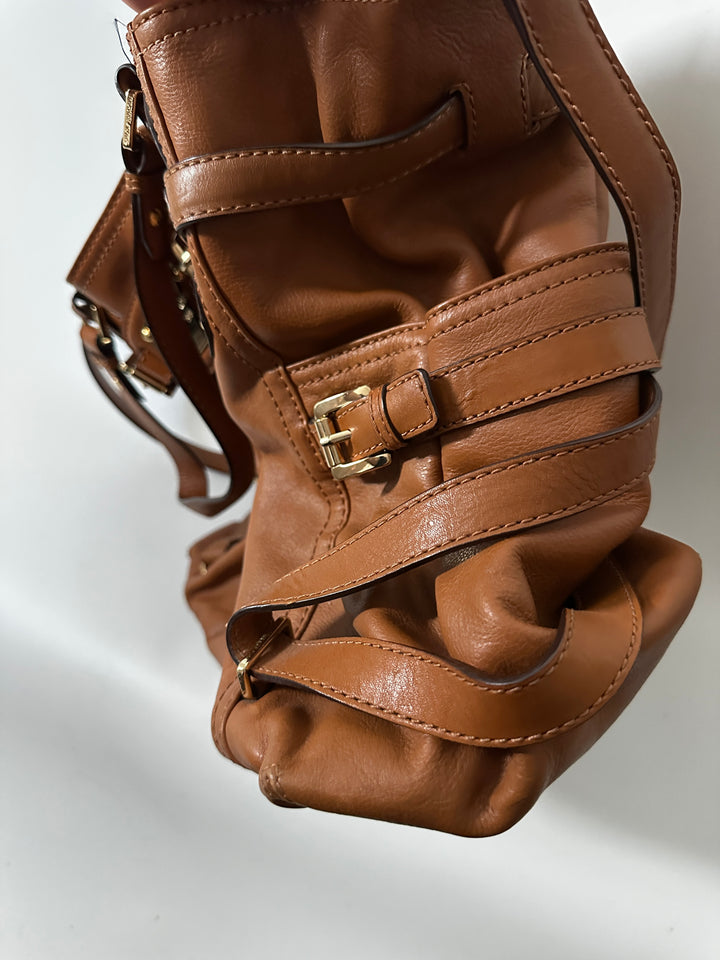 Michael Kors Brown Leather Belted Satchel Shoulder Bag Gold Hardware