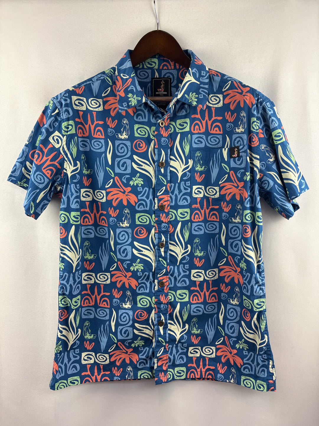 Men’s Hinano Tahiti Medium Blue Hawaiian Patterned Button Up