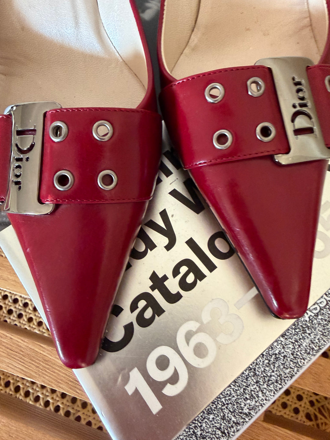 Vintage Christian Dior Red Leather Logo Buckle Pumps 38.5