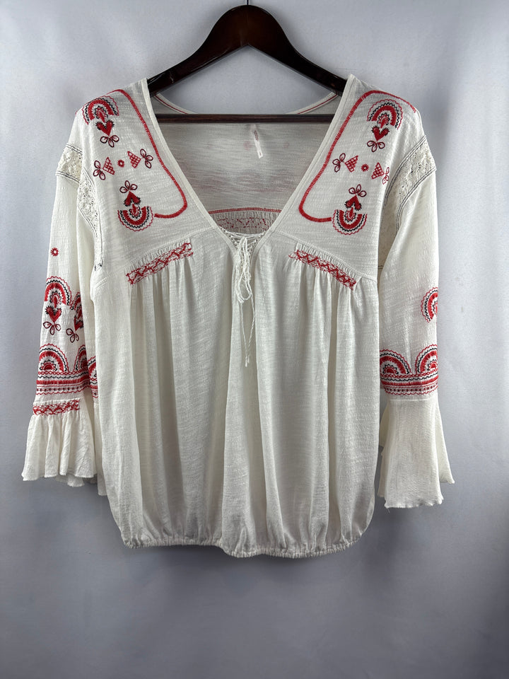 Women’s Free People Large Cream Blouse w/ Orange Embroidery