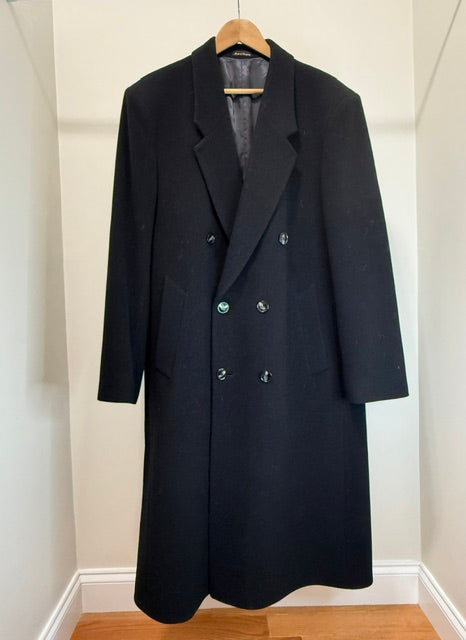 Virany Men’s Vintage 100% Wool Double‑Breasted Overcoat – Black, Sz42