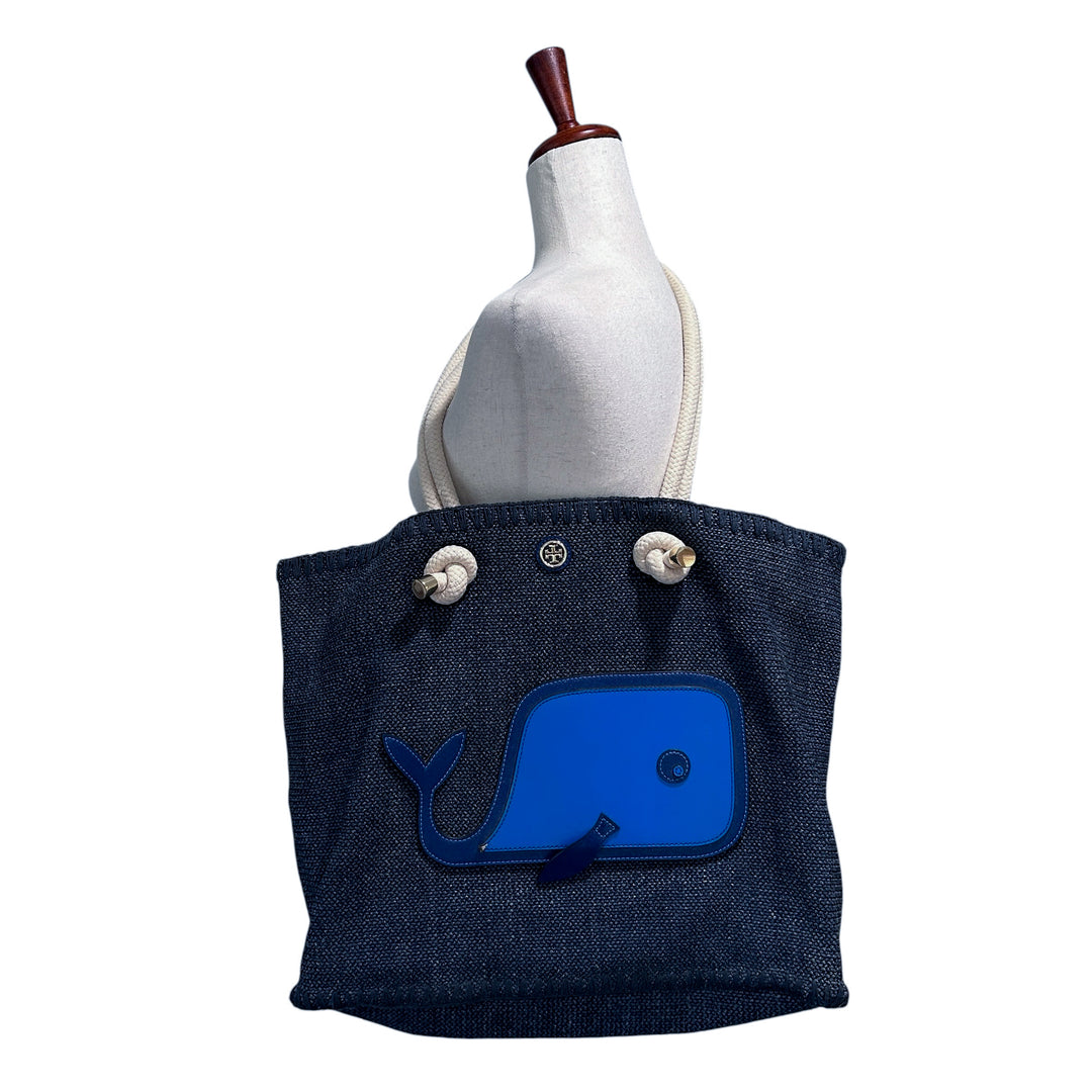 Tory Burch Knotted Whale Beach/Pool Tote Handbag Purse Blue Canvas Nautical Preppy Whimsical Vacatio