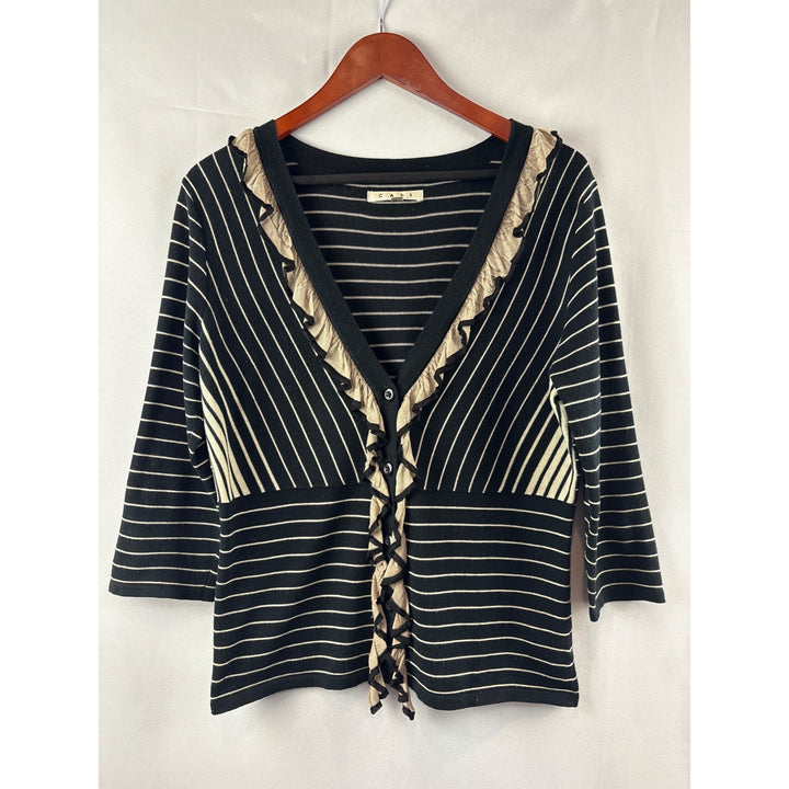 Cabi Black & Beige Striped Cardigan Sweater Medium 3/4 Sleeve Ruffle Trim V-Neck