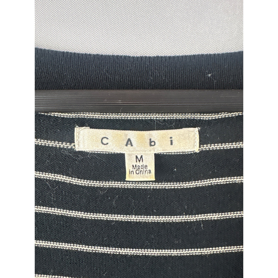 Cabi Black & Beige Striped Cardigan Sweater Medium 3/4 Sleeve Ruffle Trim V-Neck