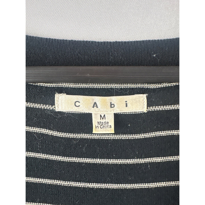 Cabi Black & Beige Striped Cardigan Sweater Medium 3/4 Sleeve Ruffle Trim V-Neck