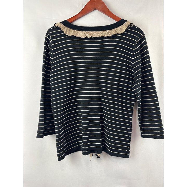 Cabi Black & Beige Striped Cardigan Sweater Medium 3/4 Sleeve Ruffle Trim V-Neck