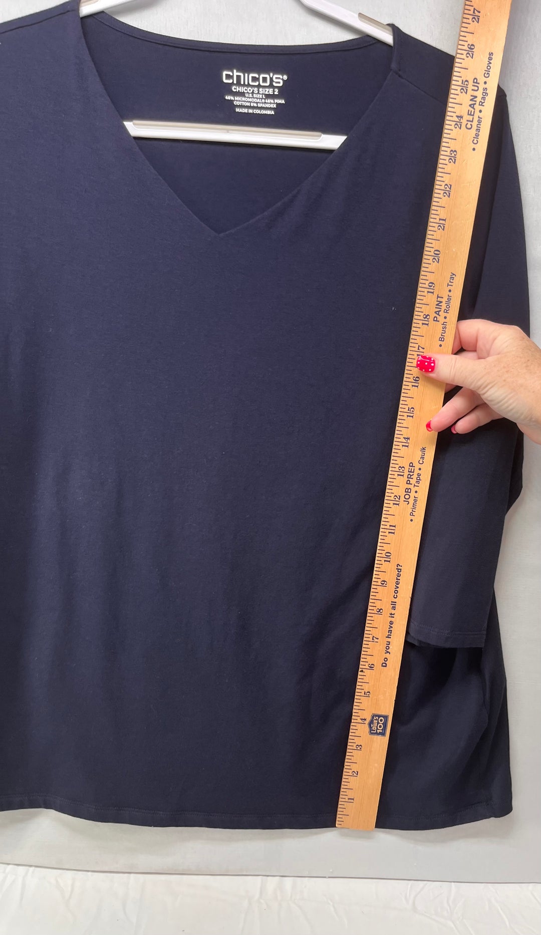 Chico’s Women’s Navy Blue V-Neck T-Shirt 3/4 Sleeve Casual Stretch Top