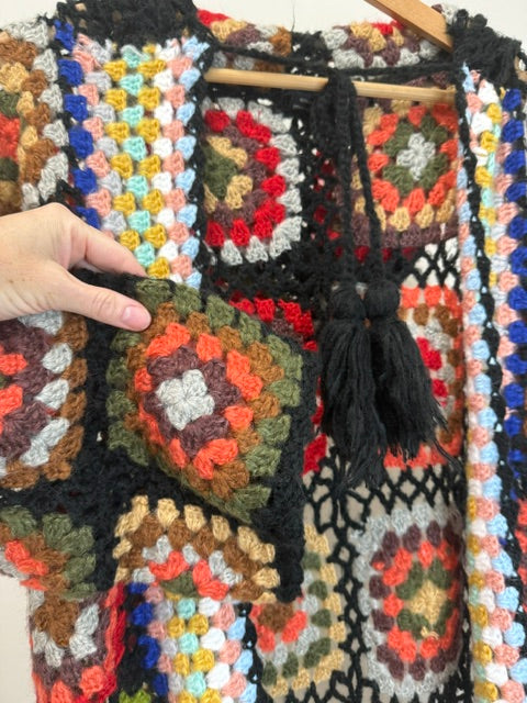 Anthropologie SAACHI Boho Hooded Granny Square Crochet Kimono Black Handmade