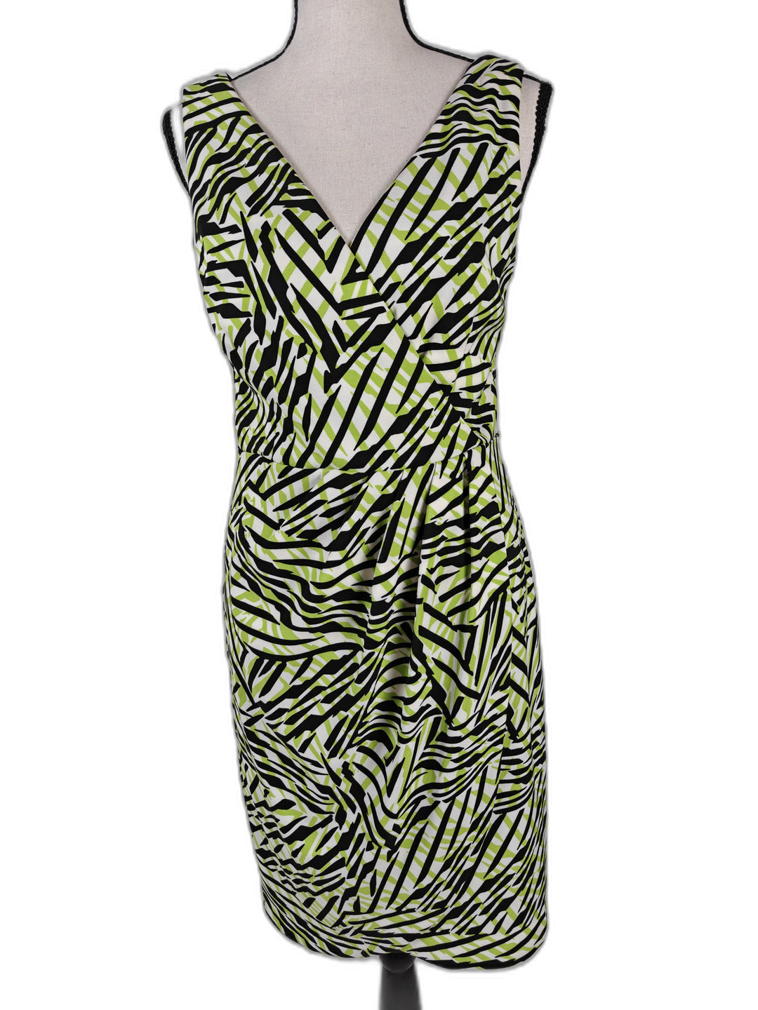 Women’s London Times Abstract Print Ruched Sheath Dress Green Black White Size 4