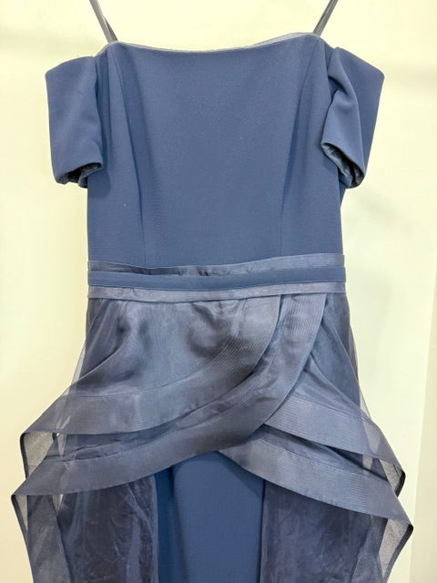 A Exclusive Formal Gown – Navy Off‑Shoulder Column Dress w/ Organza Overlay – Boutique Couture – Retail $1000+