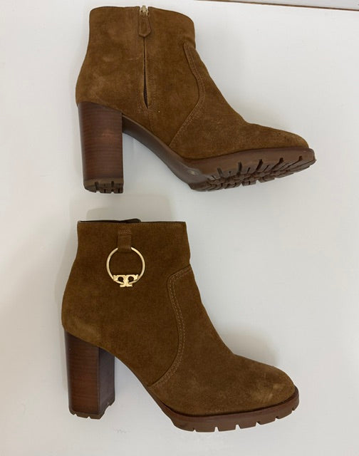 Tory Burch Sofia Lug Sole Suede Booties Festival Brown Sz9.5