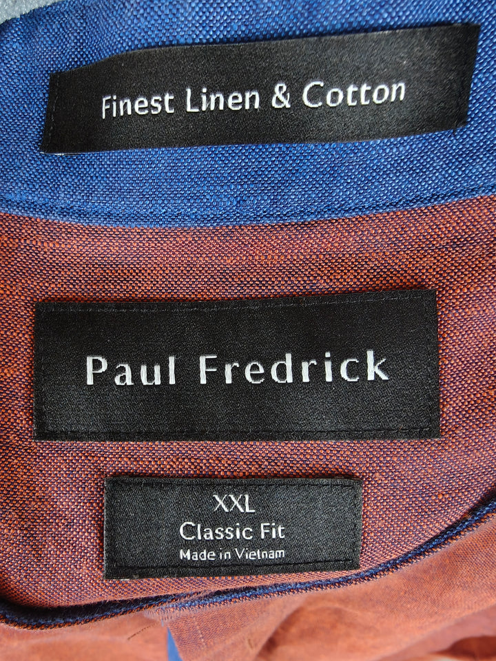 Paul Fredrick XXL Classic Fit Linen Cotton Shirt Rust Blue Banded Collar Long Sleeve