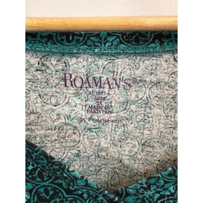 Women’s Roaman’s Size 2X (26/28) Long Sleeve V-Neck Teal & Black Patterned Shirt
